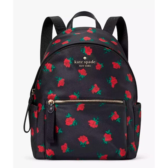 S Kate Spade Chelsea Medium Black Nylon Backpack Rose Toss Print KE435 NWT $299